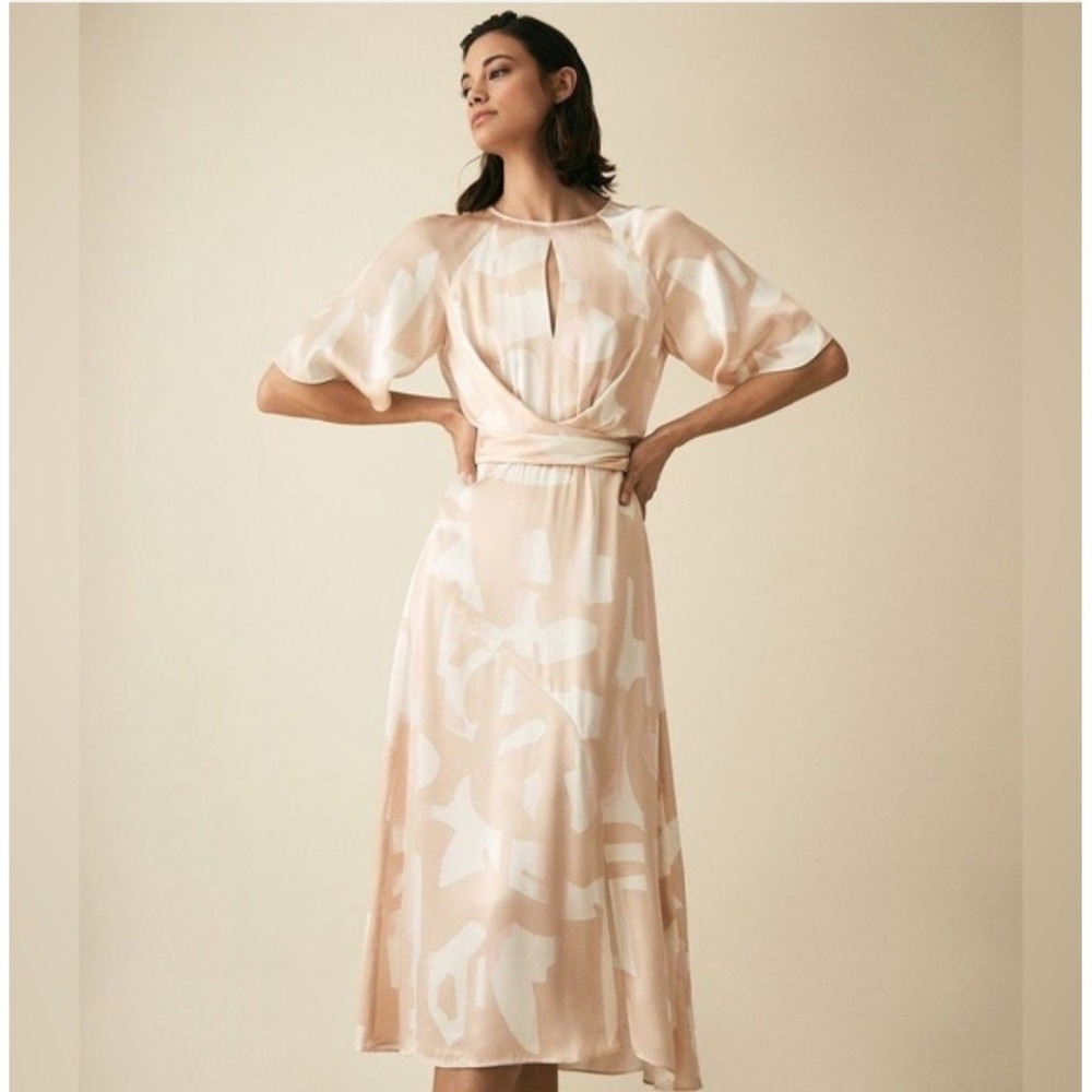 REISS Haisley Nude Pink Abstract‎ Print Midi Dress Open Back Keyhole Size 4